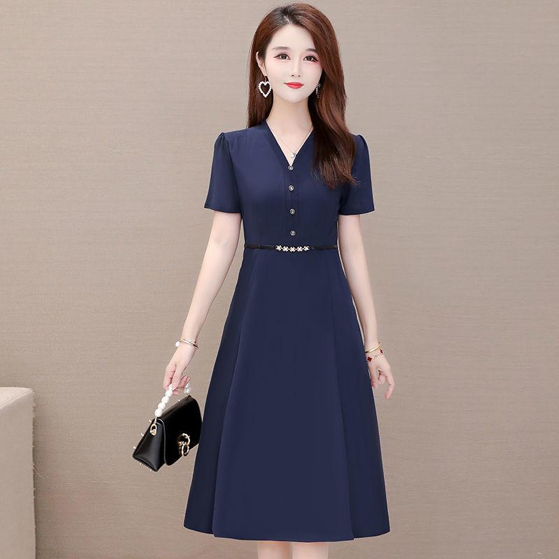 Women's Dress Summer Loose Casual Large Size Medium Long Short Sleeve Waist V-neck A-line Long Skirt