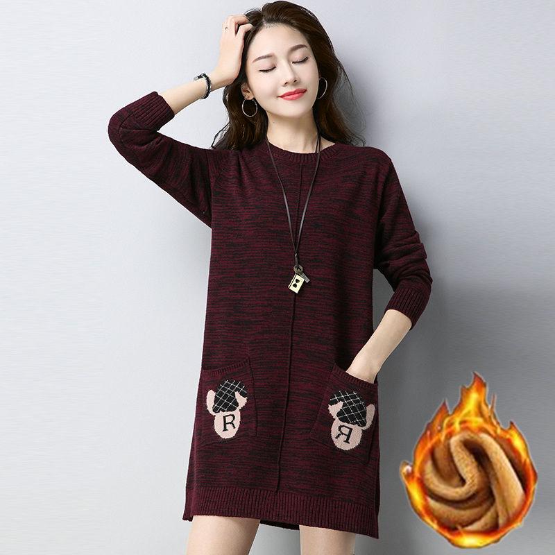 Autumn Winter Plus Velvetthicken Sweater Dress Women Large Size Mid-length Loose Pullover Knitted Sweater with Pockets