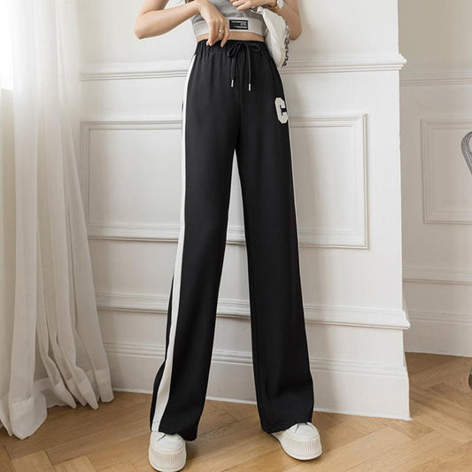 Color Matching Drape Wide-leg Pants Female Summer Korean Version Loose and Thin Ice Silk Straight Sports Casual Pants