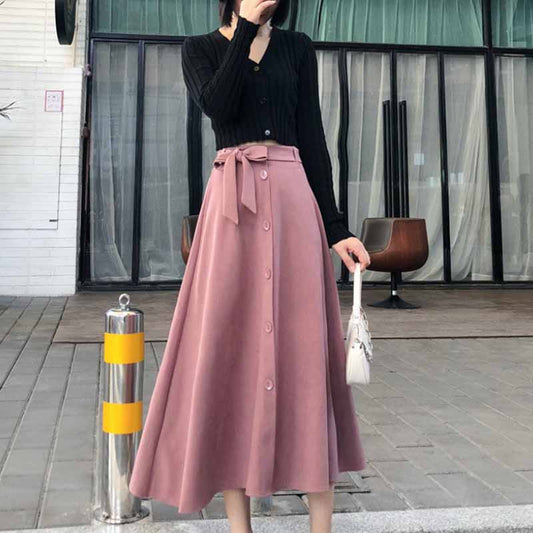 Mid-length Skirt Autumn and Winter Bow Tie Lace A-line Elastic High Waist Korean Style Slim Solid Color Buckle Large Swing Umbrella Skirt