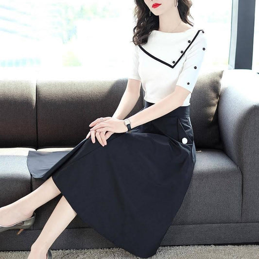 Summer Slim Knit Sweater + Self-cultivation Waist Reduction Suit Skirt Two-piece Suit Temperament Elegant Skirt Suit Black and White Suit
