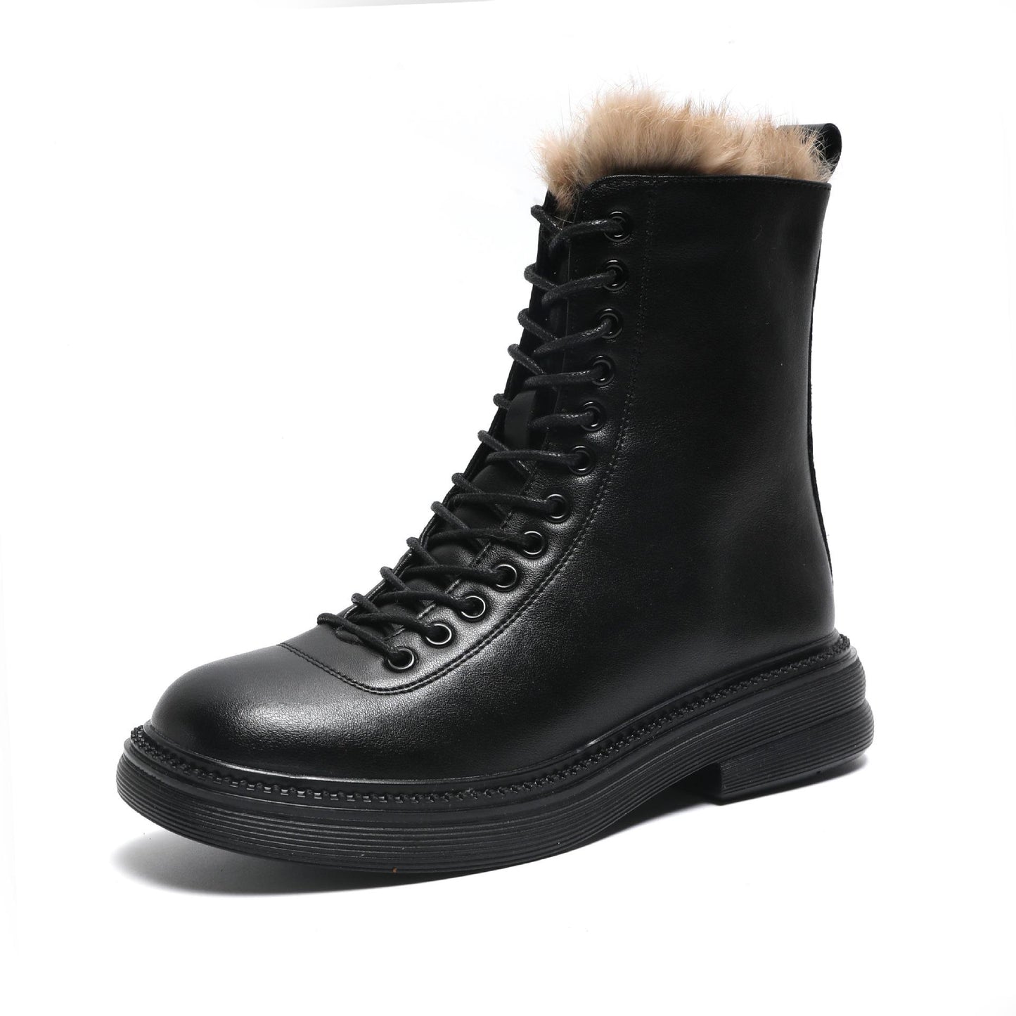 Winter Boots Women Black White Leather Boots Gothic Platform Shoes Fashion Ankle Booties Flat Woman Warm Fur Boots