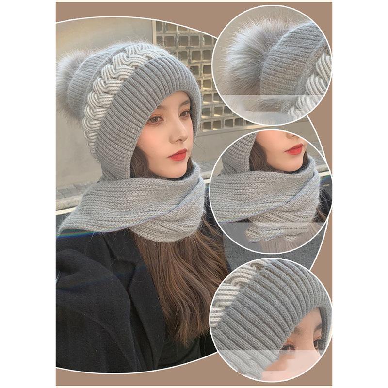 Women's One-piece Hat and Scarf Autumn and Winter Korean All-match Sweet Thick Warm Wool Knitted Hat Warm Knit Beanie Fur Pom Hat Scarf Crochet Cap
