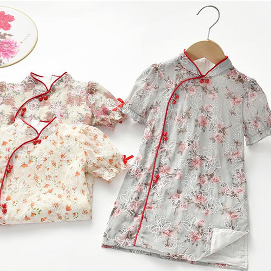 Children's Girls Skirt Summer Dress Little Girl Dress Chinese Style Classical Chiffon Floral Embroidery Cheongsam Skirt