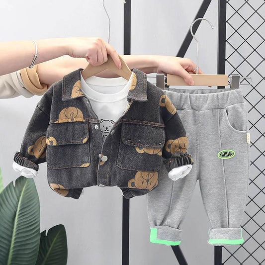 Baby Spring and Autumn Suits 0-5 Years Old Children's Cool and Cute Cowboy Three-piece Printed Long-sleeved Cute Bear Pattern Children's Suit