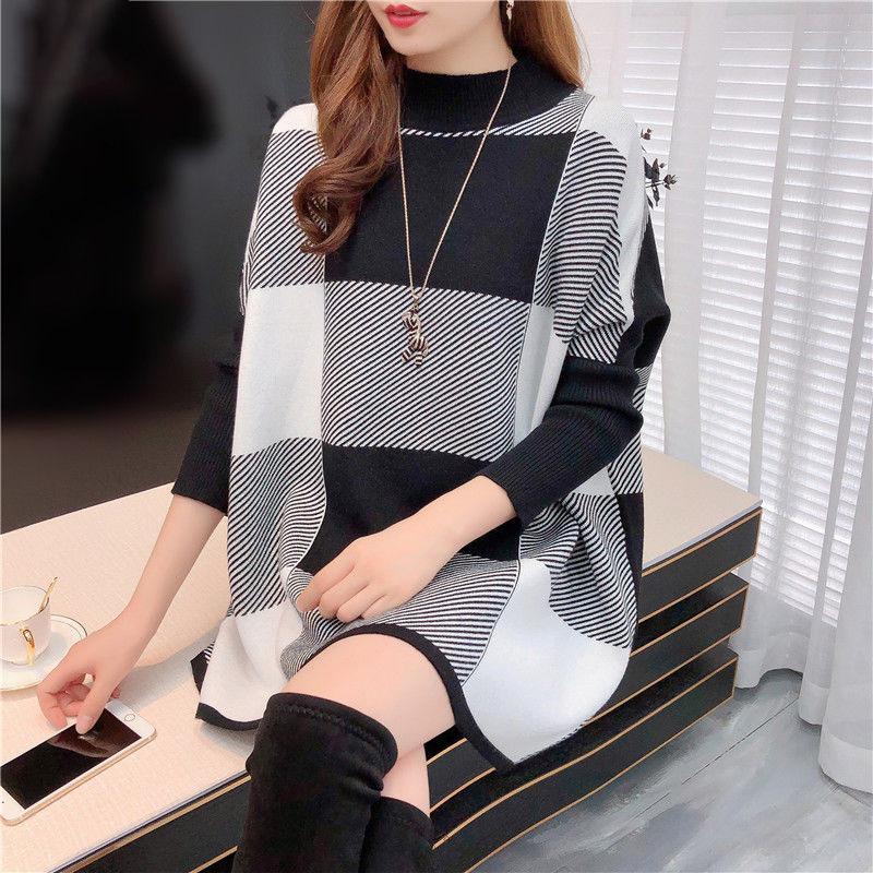 Autumn and Winter Mid-length Knitted Sweater High Neck Loose Plus Size Top Fashion Pullover Women's Dress