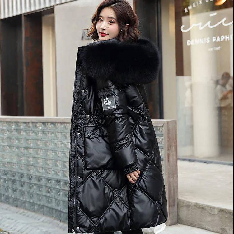 Glossy Disposable Down Padded Jacket Women's Mid-length Korean Style Winter Loose White Large Fur Collar Fashion Padded Jacket