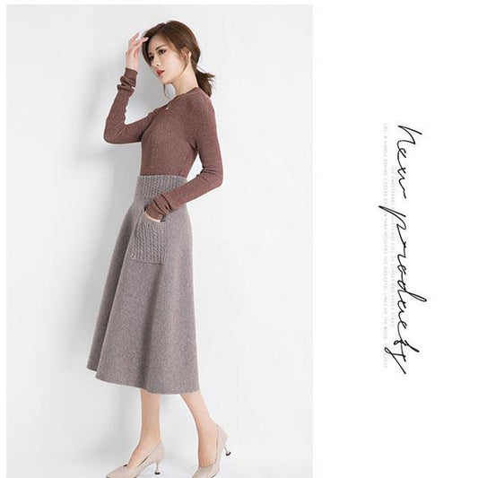 Autumn Winter Women's Knitted Skirt Long Skirt with Pockets Thick Warm OL Stytle A-line Skirt for Women