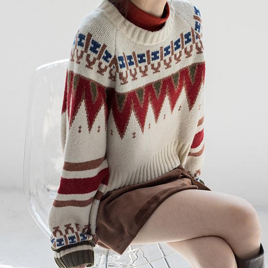 Vintage Printed Sweater Women Bottoming Sweater Loose Casual Knit Pullover Sweater Autumn Winter
