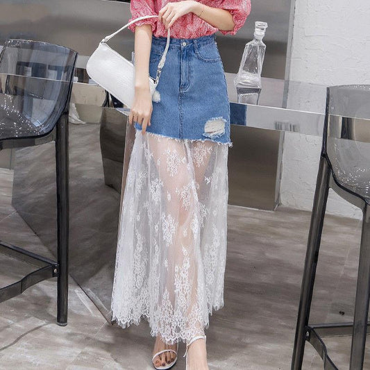 European and American Bag Hip Mesh Fashion Long Skirt Women's High Waist Denim Bias Cut Lace Stitching Skirt