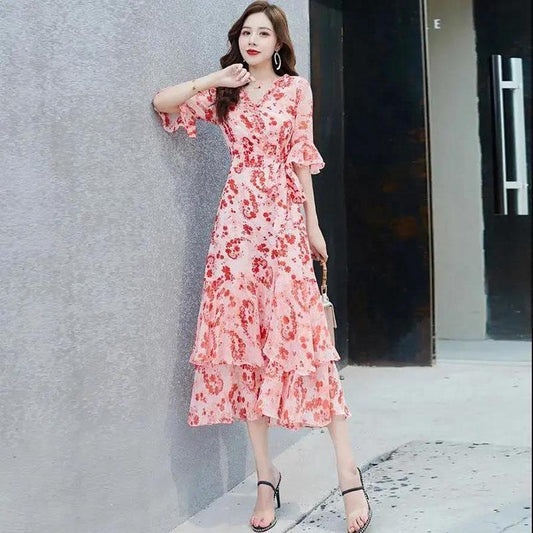 Women's Summer Short Sleeve Long Floral Dress Slim A-line V-neck Skirt
