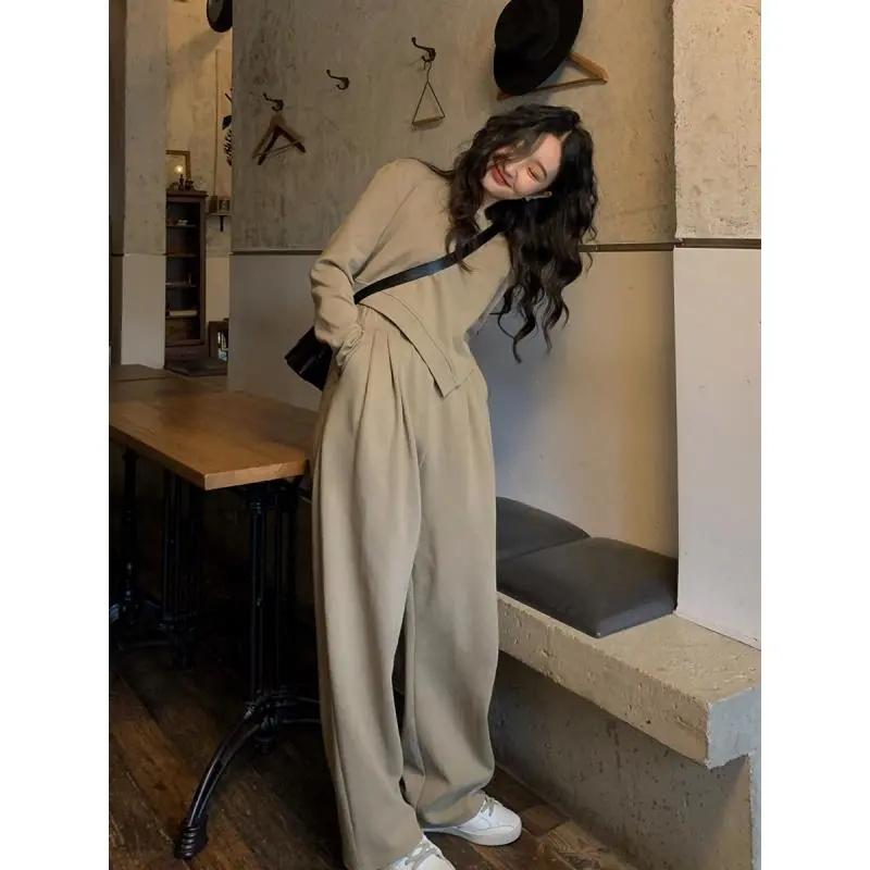 2PCS Retro Suit Women's Autumn and Winter Casual Lazy Wind Sweater + Wide-leg Pants Two-piece Girls Athletic Clothing Loose Sports Jogging Suits
