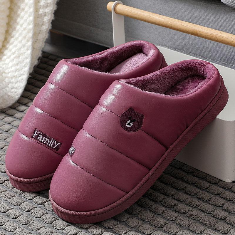 Cotton Slippers Women Winter Indoor Thick-soled Anti-skid Home Couple Models PU Surface Waterproof Warm and Velvet Slippers Men's Slippers