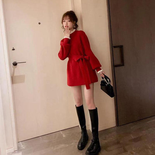 Autumn and Winter Knitted Sweater Mid-length Red Coat Lace Solid Color Female Student Top