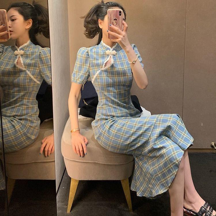 Improved Version of Cheongsam Female Summer Puff Sleeve Retro Plaid Dress with Waist and Thin Temperament Chinese Style