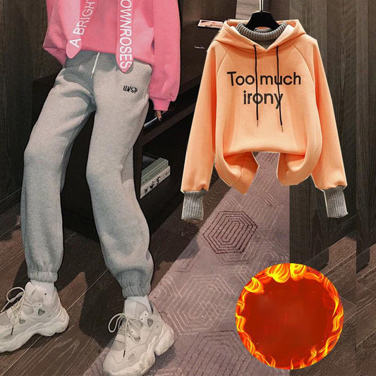 Plush Thick Hoodie Two-piece Suit Women Leisure Loose Sports Suit Stand-up Collar Zipper Hoodie Suit Loose and Comfortable