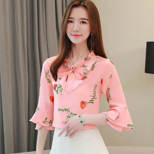 Summer Chiffon Lace Shirt Women's Short Sleeve Round Neck Loose Top