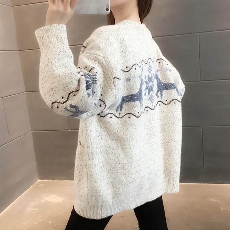 Lazy Style Knitted Cardigan Women's Autumn and Winter Loose School Style V-neck Long-sleeved Sweater Jacket