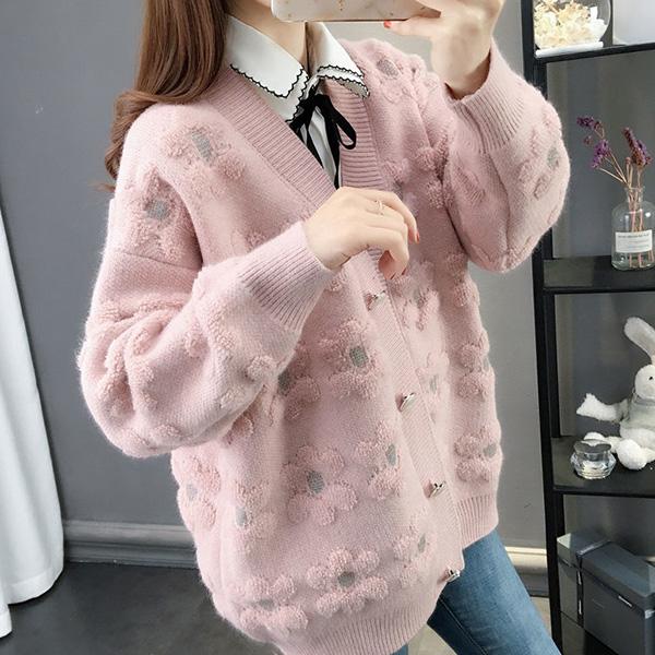 Mid-length Autumn and Winter Top Loose Casual Knit Cardigan Long-sleeved V-neck Sweater