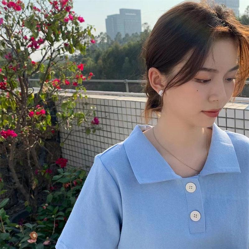 Short Sleeve T-Shirt Women Summer Loose Polo Collar Solid Color Top