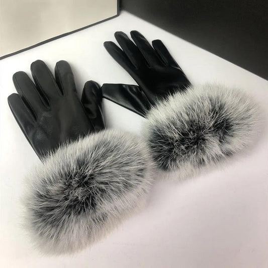 Leather Gloves Women's Rabbit Fur Plus Velvet Padded Gloves Warm and Windproof Riding Touch Screen Gloves