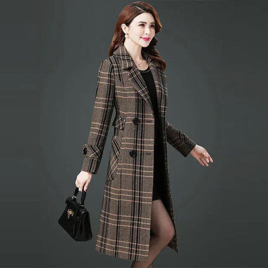 Woolen Coat Women's Mid-length Autumn and Winter Long Over-the-knee Thickened Warm Houndstooth Plaid Woolen Coat