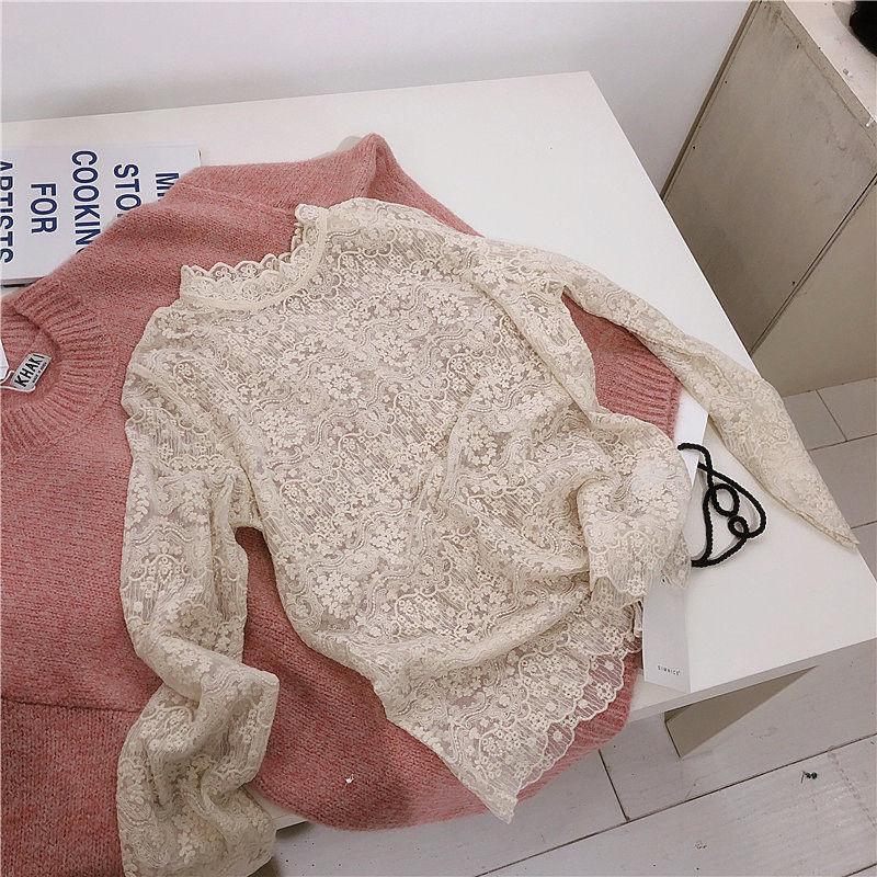 Pofulove Delicate collar lace crochet shirt ladies inner bottoming shirt Full of details