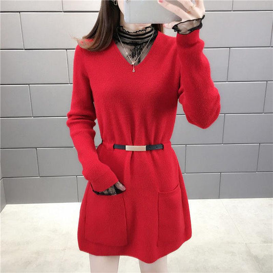 Autumn and Winter Fake Two-piece Mid-length Sweater Women Loose Waist Bottoming Sweater Skirt Lace Collar