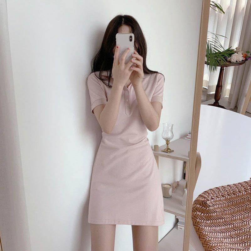 Summer Short Skirt Girl Retro Polo Collar Waist Slim Short Sleeve Small Man Pure Cotton Dress Pink