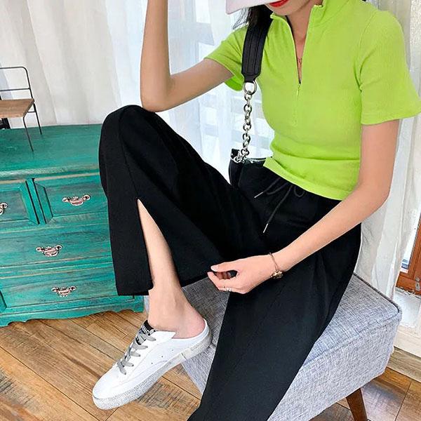 Ice Silk Front Slit Casual Pants Women's Drape High Elastic Waist Wide Leg Pants Straight Loose Long Trousers