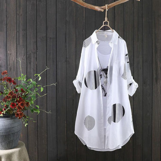 Chiffon Printed Long Sleeve Shirt Women's Long Sun Protection Clothing Loose Breathable Shirt Dress