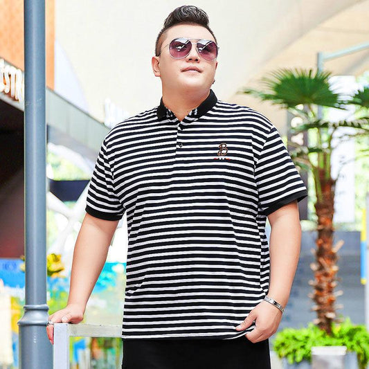 Fat Male Plus Fat Plus Size Striped Loose Short-sleeved T-shirt Fat Male Lapel Half-sleeved Polo Shirt