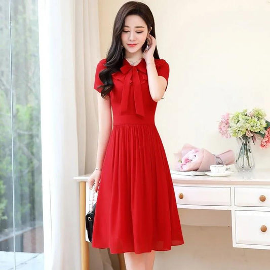 Women's Summer Skirt V-Neck Sweet Solid Color Tie Bow A-Line Dress