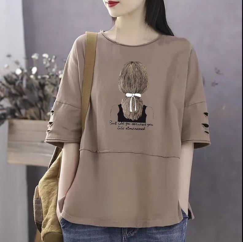 Large Size Women Cotton T-shirt Summer Short Sleeve Shirt Girl Back Print Casual Pullover