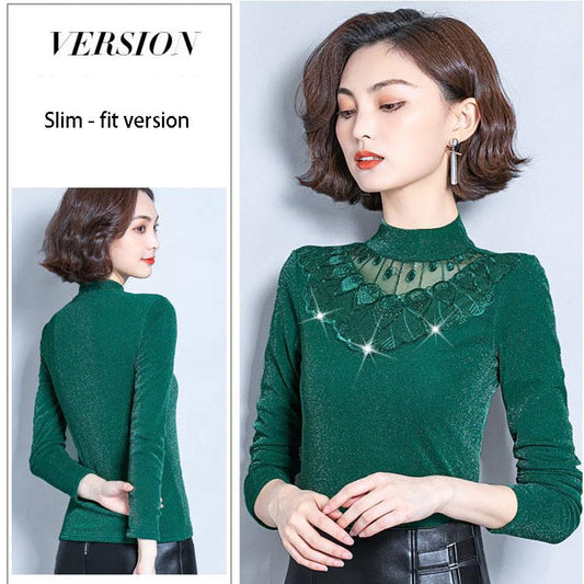 Women Autumn Winter Plus Velvet Lace Thick Pullover Tight Sexy Bottoming Sweaters Long Sleeve
