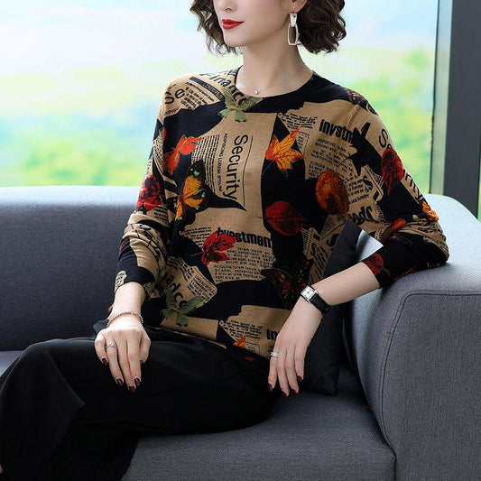 Autumn and Winter Vintage Letter Printing Cashmere Sweater Women's Knitted Bottoming Sweater Loose O-Neck High-end Sweater Warm Knit Jumper