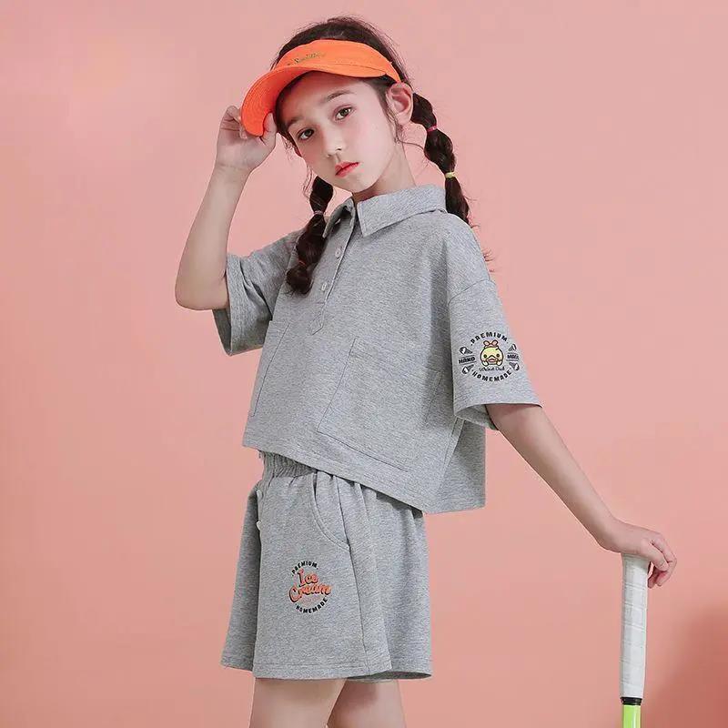 Girls Summer Suit Net Celebrity Western Atmosphere Big Children Children Sports Two-piece Polo Shirt