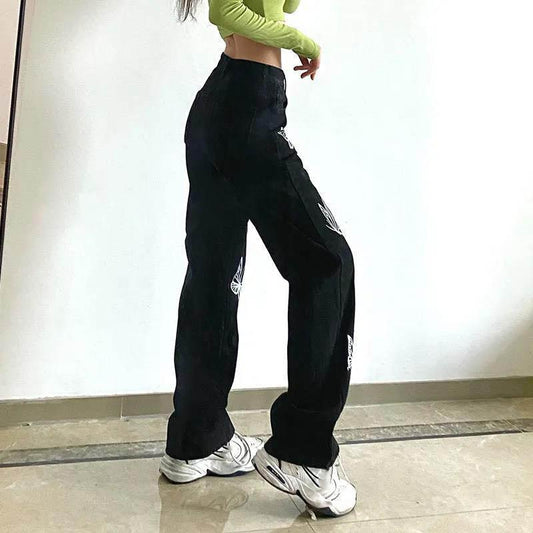 Design Butterfly Personality Print Jeans Female Korean Version of Retro Thin Loose Wild Black Straight Pants Tide