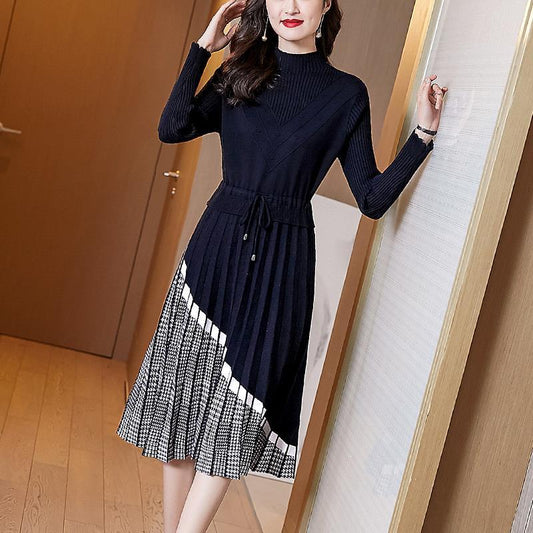 Sweater Dress Women Mid-length Winter Slim A-line Skirt with Coat Over The Knee Half High Collar Dress