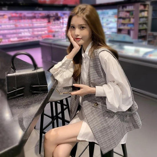 Temperament Small Fragrant Wind Waistcoat Jacket Women's Plaid Suit Waistcoat Jacket Casual Loose Single Button V-neck Waistcoat Sweet Wind