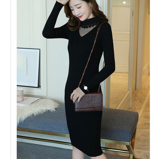 Autumn and Winter Slim-fit Coat Mesh Stitching Beaded V-neck Sweater Mid-length Bag Hip Knitted Dress