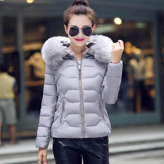 Fall/winter Down Padded Jacket with Large Fur Collar Slim Fit Short Plus Size Hooded Padded Jacket