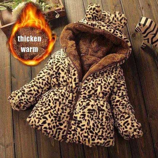 Baby Girl Plus Velvet Coat Fleece Linning Hooded Jacket Girl Thick Leopard Coat Outwear