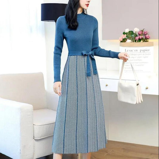 Knitted Dress Women's Clothing Autumn Winter 2021 Fashion Knit Stitching Pleated Dress with Bow Loose Loose Waist