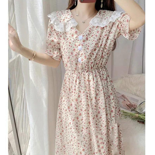 Chiffon Floral Dress Female Waist Is Thin, Temperament Gentle Wind Lace Stitching Princess Skirt Chiffon Long Dress Large Skirt