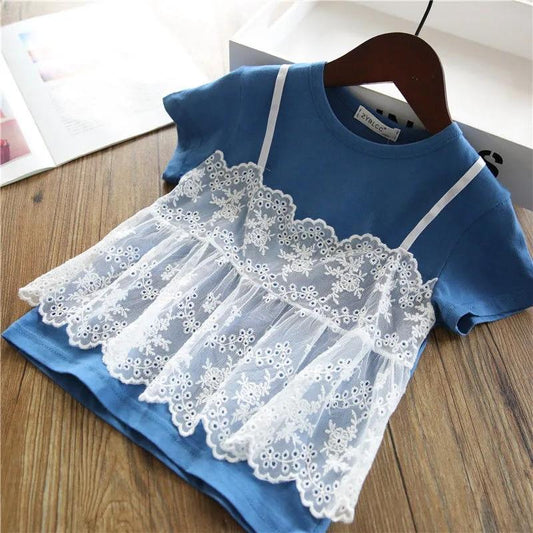 Cotton Girl Fake Two Summer T -shirts Female Baby Children's Children's Clothing Lace Wild Short Sleeve Top