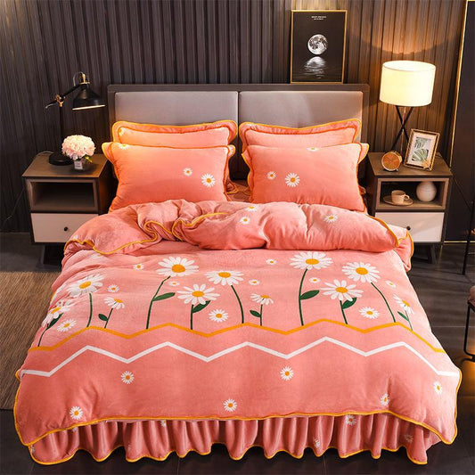 Thick Gold Mink Velvet Coral Velvet Four-piece Flannel French Velvet Bed Skirt Warm Quilt Cover Sheet
