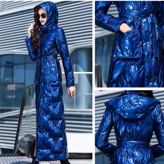 Women's Long Shiny Down Cotton Coat Women's Knee To Ankle Cotton Coat Women's Slim Fit Warm Jacket Parker