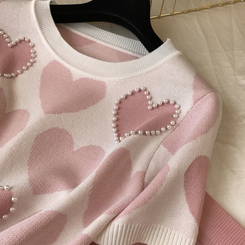 2pcs/set Knitted Set Women Beading Short Sleeve Sweater Tops+Elastic Waist Pants 2piece Set Casual Tracksuit Elegant Outfits
