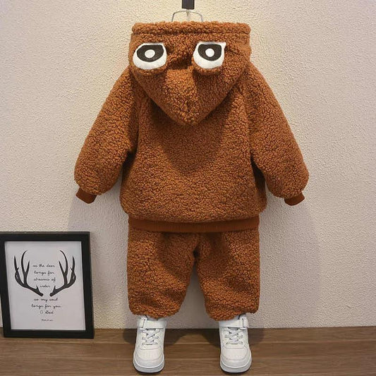 Lamb Wool Autumn and Winter Clothes Girls Thickening Suit Male Baby Plus Velvet Two-piece Baby Children's Clothing